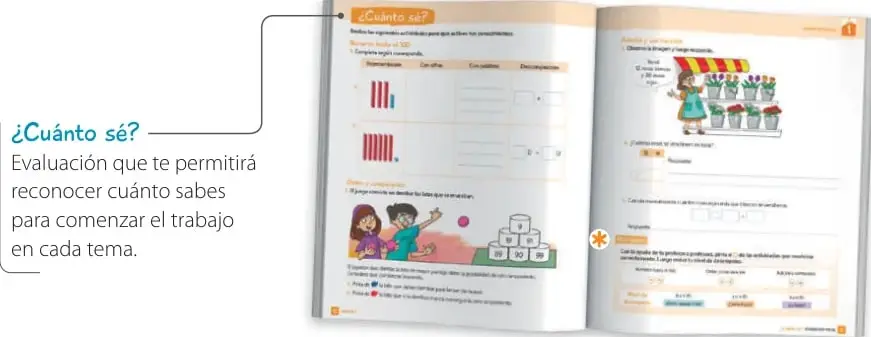 Doble página modelo de ¿Cuánto sé? con tabla de registro de datos, organizador gráfico con bloques, problema de conteo y trabajo colaborativo.