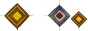 Tres tzicuris de rombos concéntricos en amarillo/negro, rosa/negro y anaranjado/negro con colas de estambre