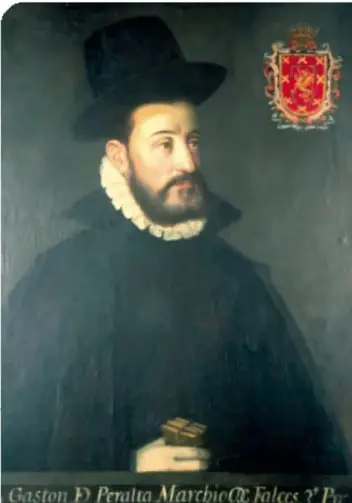 Retrato del virrey Gastón de Peralta, con sombrero y gola, escudo real en la esquina superior derecha.