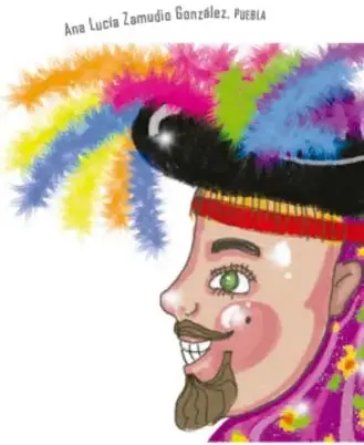 Detalle de una máscara con penacho de plumas multicolores, sombrero negro y ojo verde; firma de Ana Lucia Zamudio González, Puebla.