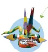 Alebrije colorido con fauces abiertas, cuernos y alas, sobre un fondo circular azul claro.