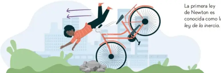Ilustración de una persona saliendo despedida de una bicicleta al chocar con una piedra, mostrando que el cuerpo tiende a seguir en movimiento por inercia. Al lado derecho se lee: «La primera ley de Newton es conocida como la ley de la inercia».