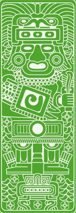 Ilustración decorativa en blanco sobre fondo verde con motivos prehispánicos: máscara o deidad, elementos geométricos y florales, en estilo lineal de arte mesoamericano.