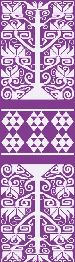 Diseño decorativo con patrones geométricos y vegetales en blanco sobre fondo morado, inspirado en arte textil tradicional.