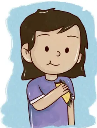 Retrato ilustrado de Julia sonriendo y sosteniendo una quesadilla con quelites. Crédito: Gimenna Schiaffini Rosales, PUEBLA.