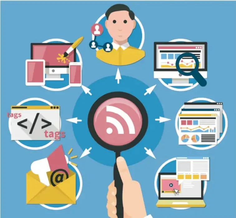 Ilustración de una persona conectada a una red, rodeada de pantallas con gráficas, correos electrónicos, etiquetas (tags), código y una lupa sobre una señal de internet, que simboliza la verificación de la información.