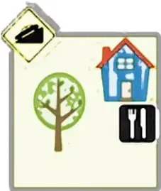Croquis con una casa, un árbol, una señal de tránsito y un símbolo de restaurante.