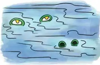 Ilustración del cocodrilo sumergido en el agua, dejando ver solo sus ojos y nariz sobre la superficie.