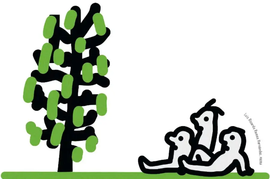 Ilustración del sauce con frondosa copa de tronco negro y hojas verdes, y tres figuras blancas estilo Keith Haring tumbadas en el pasto mirando al árbol, de Luis Ricardo Ramos Hernández (Puebla).