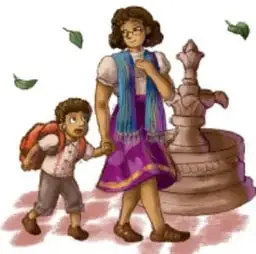 Ilustración de una niña y un niño con mochilas junto a una fuente, con hojas cayendo.