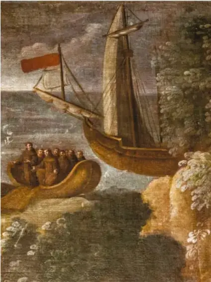 Pintura que muestra un barco velero español y una canoa con indígenas, representando el encuentro entre europeos y americanos.