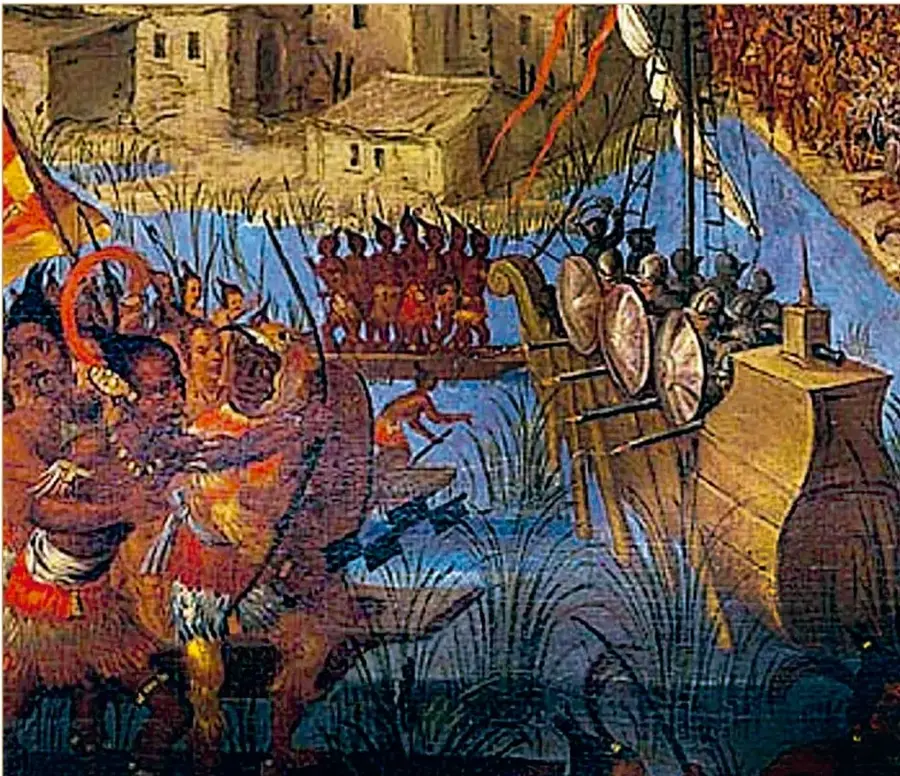 Óleo 'La Conquista de Tenochtitlan' (siglo XVII, serie Conquista de México, Colección Jay I. Kislak, Biblioteca del Congreso de EE. UU.): muestra canoas mexicas y embarcaciones españolas en combate en el lago Texcoco, con arqueros, escudos y estructuras de Tenochtitlán al fondo.