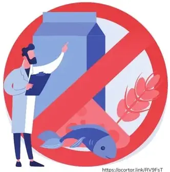 Ilustración con símbolo prohibido (círculo rojo con franja) sobre lácteos, granos y pescado; un personaje con bata blanca explica.
