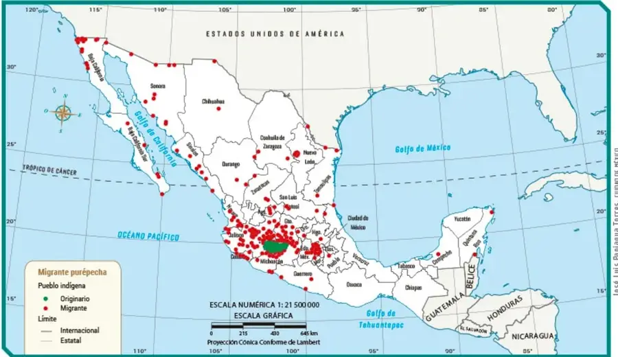 Mapa titulado "Ubicación originaria de los purépechas y lugares de migración": mapa de México con zona originaria verde en Michoacán y numerosos puntos rojos de migración por todo el país; leyenda, escala numérica 1:21 500 000 y proyección cónica conforme de Lambert. Fuente: José Luis Palafox, Tlamatini, México.