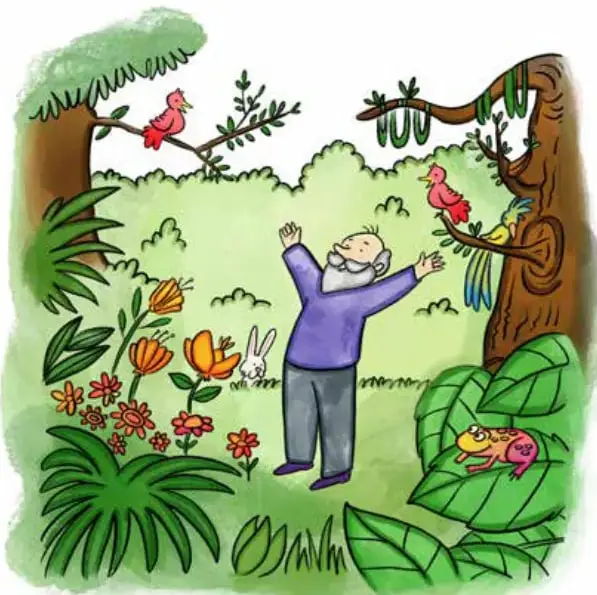 Ilustración de un anciano con barba y brazos levantados en un jardín. A su alrededor hay árboles, plantas exóticas, flores, un conejo, aves posadas en las ramas y una rana. El anciano viste polera morada y pantalones grises.