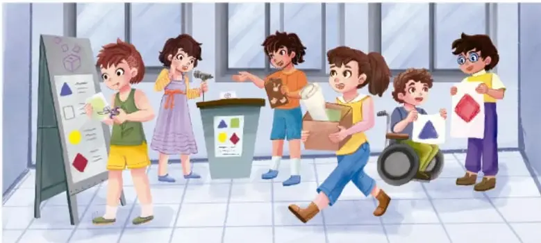 Ilustración de estudiantes en un pasillo escolar preparando materiales con formas geométricas (triángulos, cuadrados, rombos) junto a un bote de reciclaje; ilustración de Diana Ivette Gutiérrez Cisneros, Guanajuato.