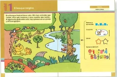 Ejemplo de apertura de una unidad con una ilustración de un bosque y recuadros de contenidos y objetivos.