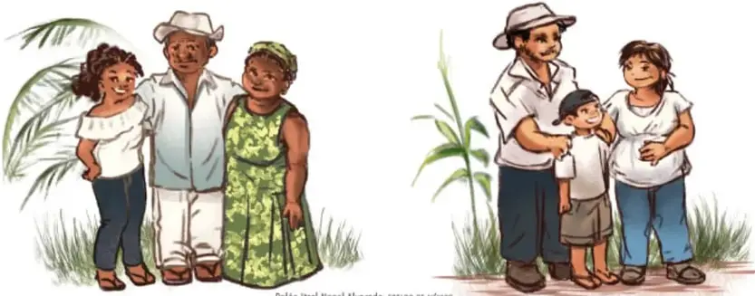 Familia de tres integrantes: niña, adulto mayor con sombrero y mujer con vestido verde, rodeados de plantas.
