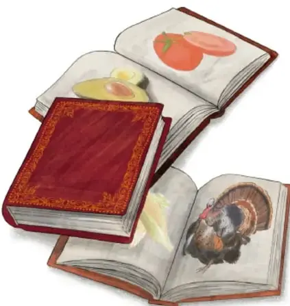 Ilustración de libros antiguos abiertos con imágenes de alimentos (tomate, aguacate, pavo), representando el catálogo ilustrado de recursos coloniales. Crédito: José Santiago Mejía Gutiérrez, Ciudad de México.
