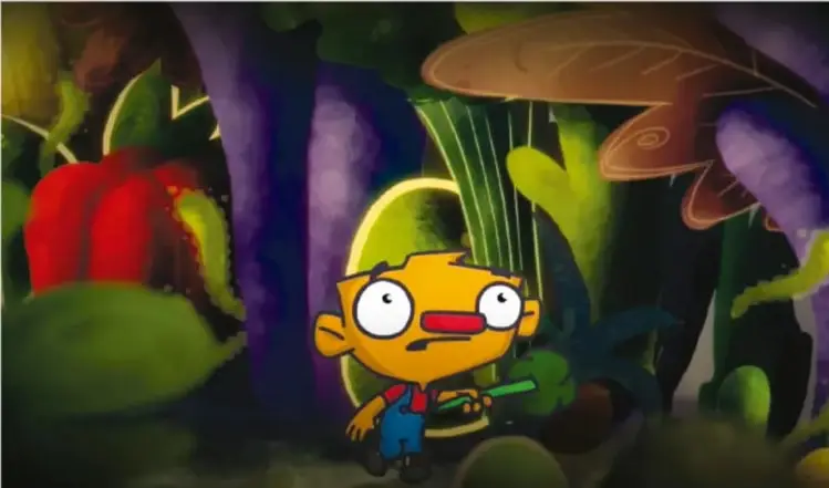 Fotograma del cortometraje: Juanelo, niño amarillo de ojos grandes, camina entre plantas gigantes de colores vivos con una rama verde en la mano.