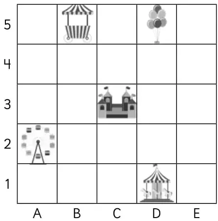 Cuadrícula 5x5 con objetos: caballo, tobogán, banca, alfombra y árbol.