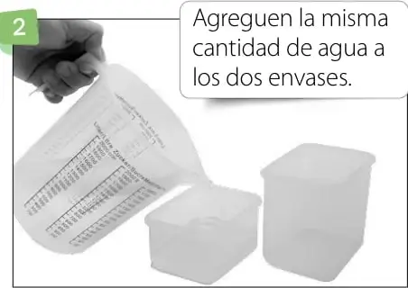 Se vierte agua del recipiente graduado a dos envases; rótulo 'Agreguen la misma cantidad de agua a los dos envases.'