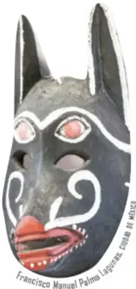 Máscara de madera oscura tallada con orejas largas, ojos y boca rojos, y decoraciones blancas en espiral; otro rostro humano pintado en la frente. Crédito: Francisco Manuel Palma Legaspi, costa de Michoacán.