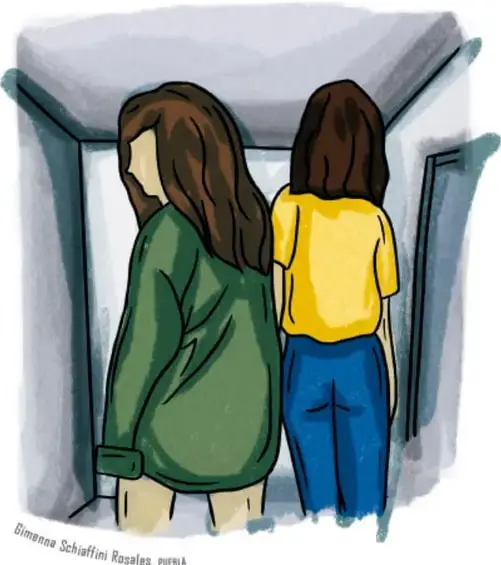 Ilustración de dos mujeres de espaldas frente a una puerta o ventana; una lleva suéter verde y la otra playera amarilla y pantalón azul. Firma: Diamantina Schiaffini Rosales, Puebla.
