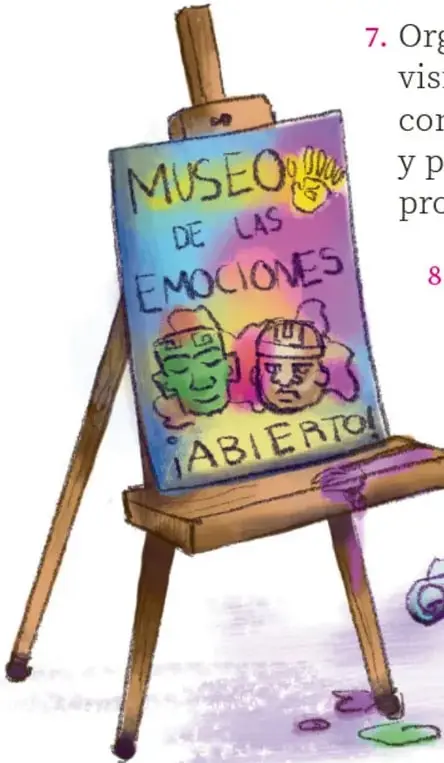 Ilustración de un caballete de madera con un cartel pintado que dice MUSEO DE LAS EMOCIONES ¡ABIERTO! con dos rostros y una mano; alrededor hay pinturas, plumones, tijeras y vasijas con pinceles. Crédito: Diana Anahi Sainz Villarreal, Baja California.