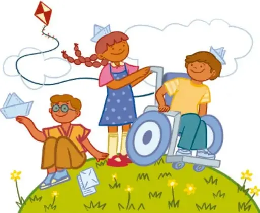 Ilustración de tres niños en un cerrito con flores: una niña con trenzas y vestido azul, un niño con lentes sentado, y un niño en silla de ruedas; vuelan una cometa y hay nubes y un avión de papel, representando la inclusión en la convivencia.