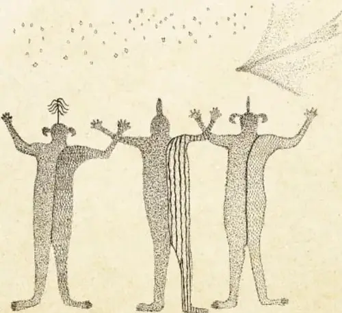 Grupo de figuras humanas con tocados y brazos alzados bajo un cielo estrellado, junto a un trazo curvo que sugiere una cueva o el fuego.