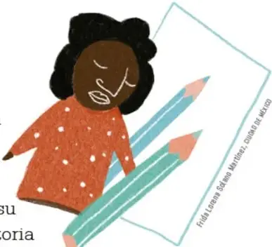 Ilustración de una niña con cabello afro escribiendo sobre una hoja con un lápiz grande.