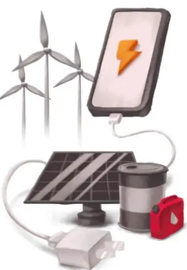 Ilustración de un celular cargando con energía de aerogeneradores, panel solar, batería y lámpara, junto a la foto de crédito a Mayra Gisela Pedroza Díaz, Aguascalientes.