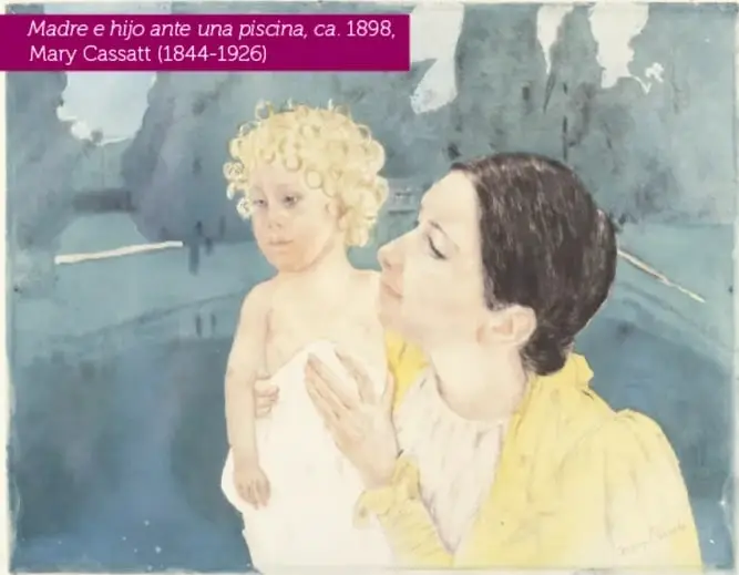 Acuarela de Mary Cassatt: madre de blusa amarilla con un niño rizado y rubio en brazos, frente a una piscina o estanque (ca. 1898).