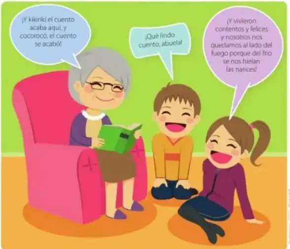Abuela leyendo cuento con dos niños riendo.