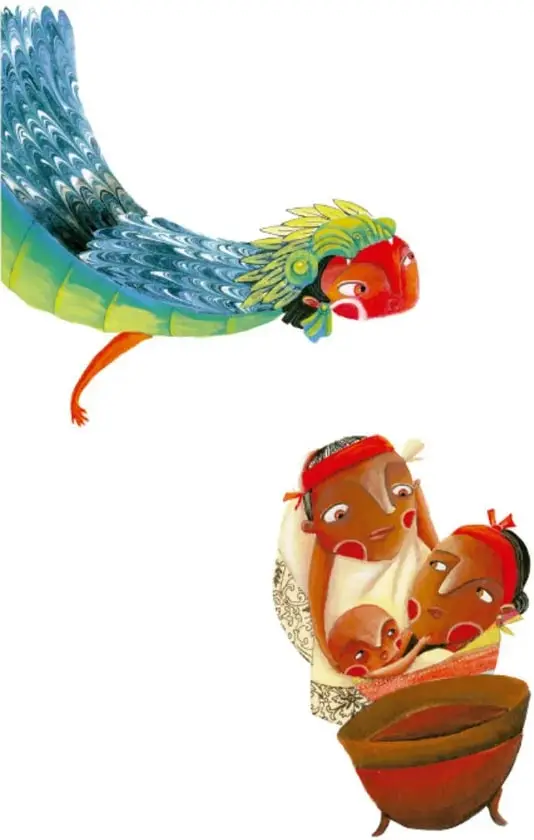 Ilustración de una serpiente emplumada de colores azul, verde y rojo.