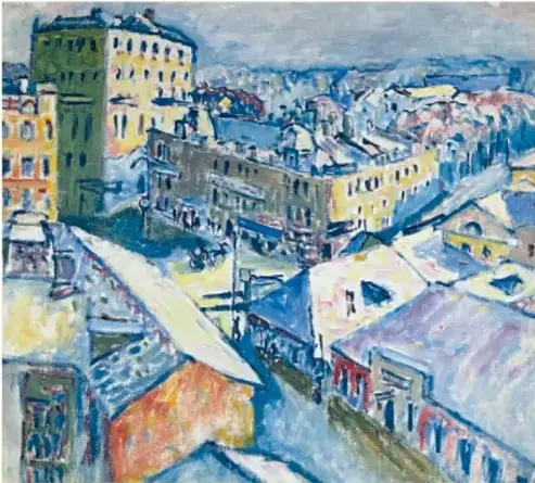 Pintura 'Plaza Zubovsky' (1916) de Kandinsky: plaza urbana nevada con edificios de colores azul, ocre y blanco, desde un punto de vista elevado.