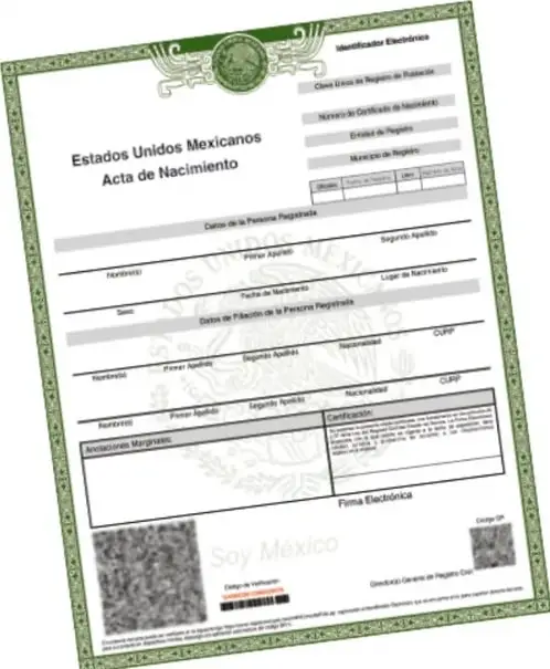 Acta de nacimiento de los Estados Unidos Mexicanos, documento oficial con campos de datos personales y firma electrónica.