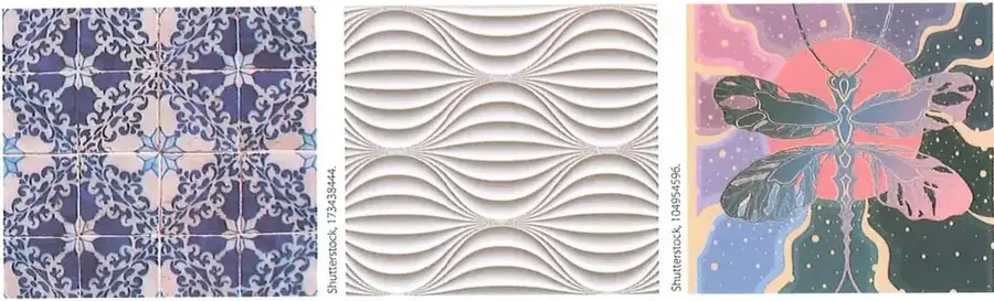 Mural abstracto con ondas repetidas que producen un efecto visual simétrico.