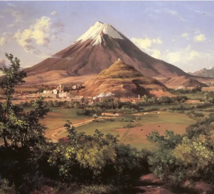 Pintura de un volcán nevado (estilo paisajista romántico, probablemente el Popocatépetl) sobre un valle con vegetación, casas y camino, ilustrando el ambiente de una leyenda comunitaria.