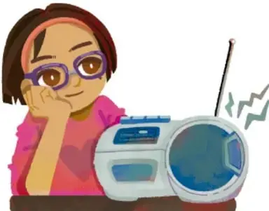 Ilustración de una niña con lentes y diadema rosa escuchando un radio. Crédito: Laura Ángeles Fernández, Ciudad de México.