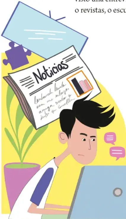 Ilustración de un joven frente a una laptop con un periódico titulado 'Noticias' y un televisor, rodeado de íconos de comunicación.