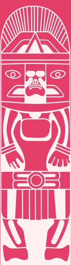 Ilustración estilizada de una figura prehispánica de piedra con tocado radiante y rasgos simétricos, en color rosa/magenta, que acompaña la apertura de la sección.