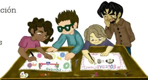 Ilustración de cuatro niños y niñas trabajando en equipo alrededor de una mesa, elaborando carteles con dibujos y mensajes sobre equidad.