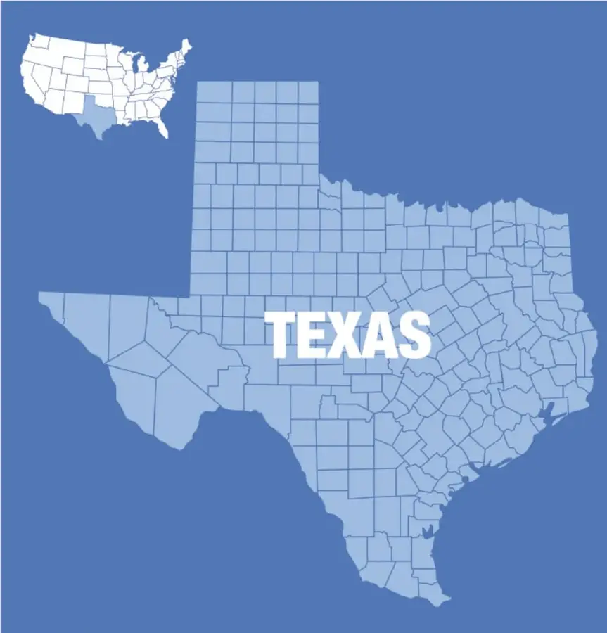 Mapa del estado de Texas (azul claro) dividido en condados, con la etiqueta TEXAS en letras blancas, sobre fondo azul; en la esquina superior izquierda, un mapa de Estados Unidos con Texas resaltado en color.