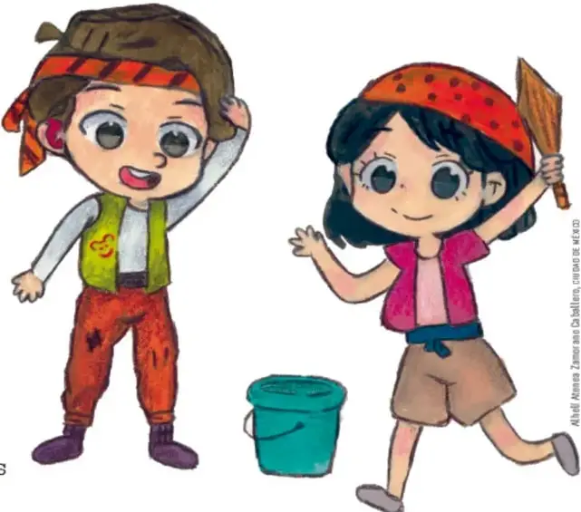 Niño con pañuelo rojo en la cabeza y niña con pañuelo rojo y pala de madera, junto a una cubeta verde.