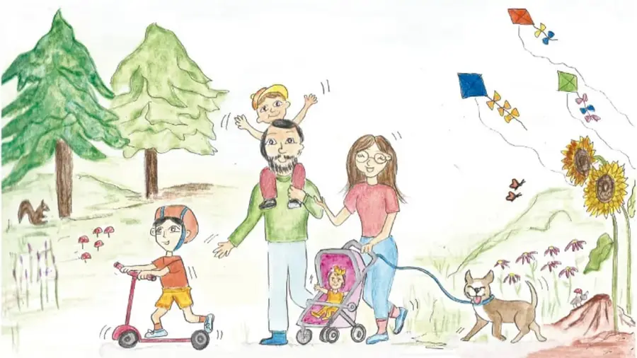 Ilustración de una familia colaborando en las tareas del hogar: una mujer con ropa doblada, un hombre trapeando, un niño regando una planta sobre el sillón y una niña limpiando una mesa, con un gato sobre el sillón.