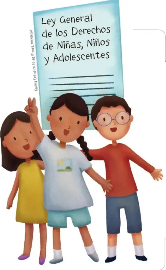 Ilustración de tres niñas y niños (Karyna Estrada Pérez Dimas, ilustración) junto a un documento titulado 'Ley General de los Derechos de Niñas, Niños y Adolescentes'.
