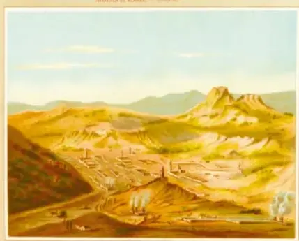 Óleo colonial que muestra un paisaje minero de la Nueva España con montañas, edificaciones y tareas mineras en primer plano.