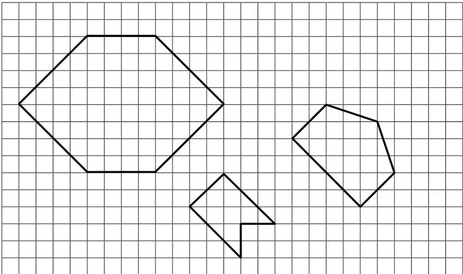 Cuadrícula con un hexágono regular, un pentágono irregular y una figura compuesta por cuadrado y triángulo.